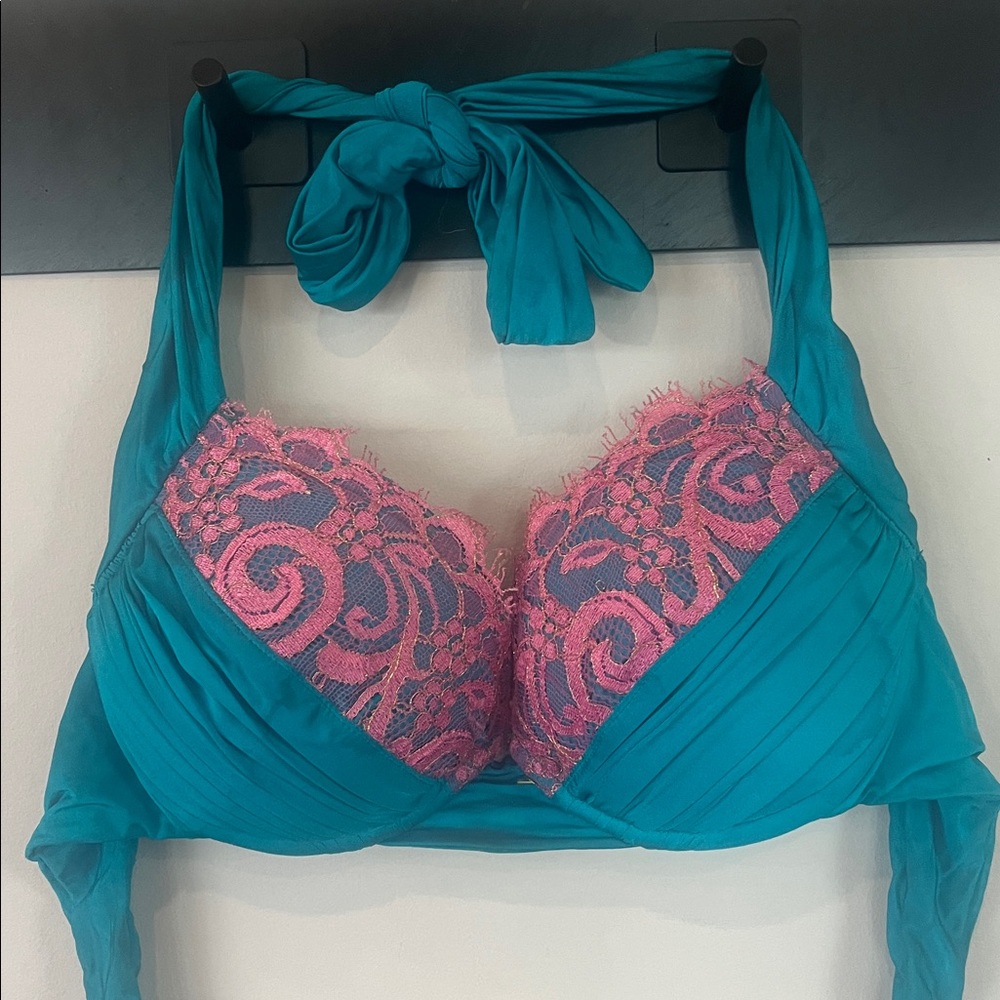 Beach Bunny Turquoise and Pink Lace Halter Bra (Small) and Bottom (XS) Set!!